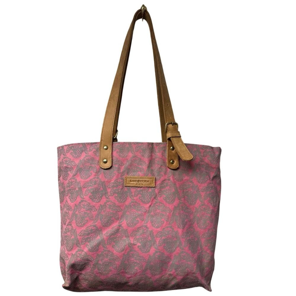 Sandstorm Kenya Zip Top Canvas Tote Leather Straps Pink Gray Floral Print